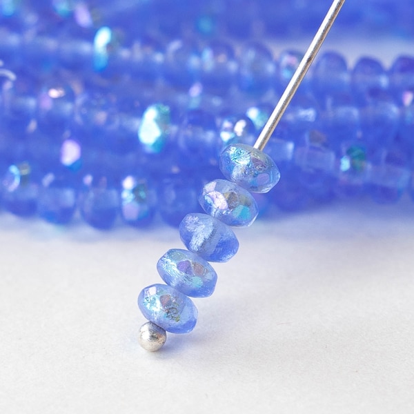 3x4mm Firepolished Glass Rondelles -  Czech Glass Beads - Etched Cornflower Blue AB - 50 beads