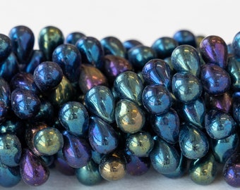 100 - 4x6 Glass Teardrop Beads  - Czech Glass Beads For Jewelry Making - 6x4mm - Blue Iris - 100 beads