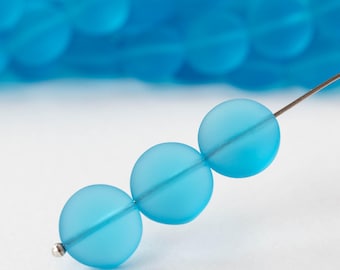 12mm Frosted Coin Beads - Cultured Seaglass - Deep Aqua - 8 beads