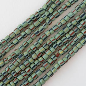 Glass Java Beads - Gooseberries - Seafoam with Yellow Blue Red Stripes - Whole or Half Strand