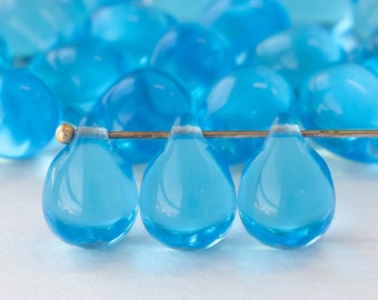 12 or 24 - 10x14mm Large Glass Teardrop Beads For Jewelry Making - Czech Glass Beads - Smooth Glass Briolette Aquamarine - Choose Amount