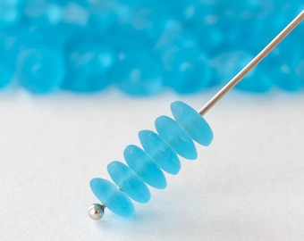 6mm Smooth Rondelle Beads - Czech Glass - Frosted Glass - Aqua Matte Glass - 100 beads