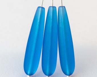10 Teardrops - Long Teardrops - Cultured Sea Glass Beads - Frosted Glass Beads - 8x38mm - Ocean Blue
