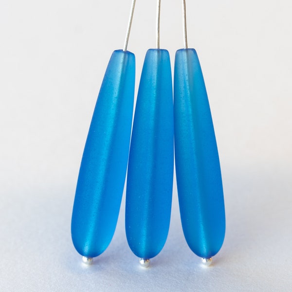 10 Teardrops - Long Teardrops - Cultured Sea Glass Beads - Frosted Glass Beads - 8x38mm - Ocean Blue