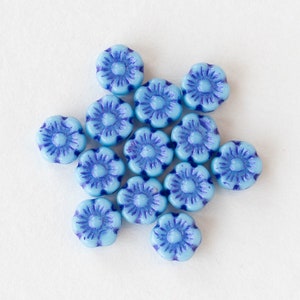 6mm Glass Flower Beads - Czech Glass Beads - Blue with Periwinkle Wash - 30 beads