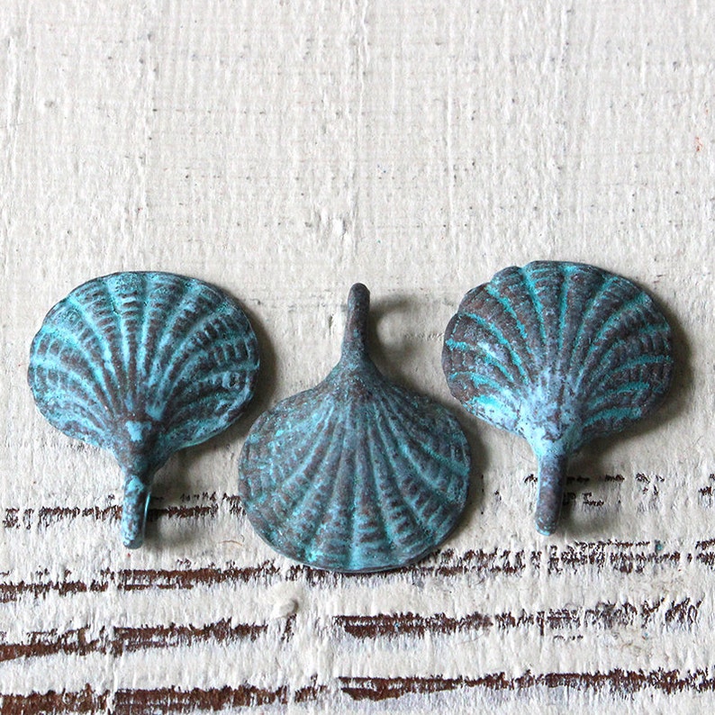 Mykonos Green Patina Beads 15mm Scallop Shell Charm Beads For Jewelry Making Supply Verde Gris Beach Theme Choose Amount image 2