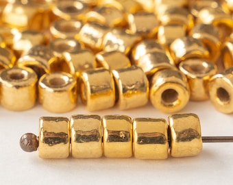 6x4mm Gold Röhrenperlen - 24K Gold Mykonos Mini Röhrenperlen - Mykonos Goldperlen zur Schmuckherstellung - Großes Loch Gold - Menge auswählen