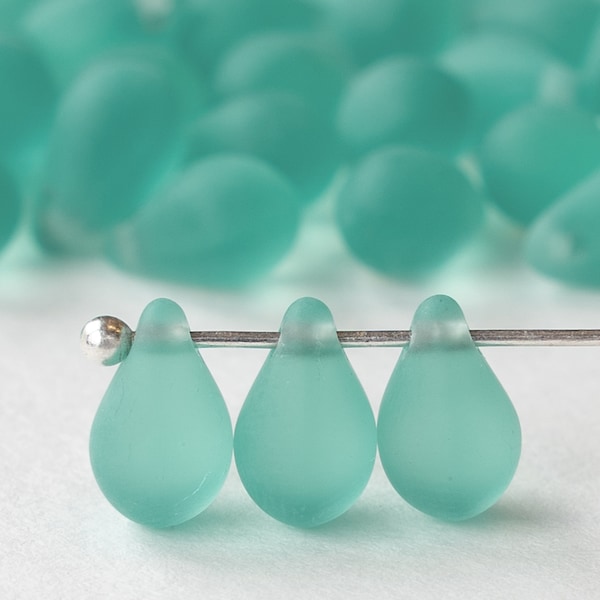6x9mm Teardrop Beads For Jewelry Making Supply - Czech Glass Beads - Frosted Glass Beads - Frosted Teardrops - Light Aqua Matte -  45 beads