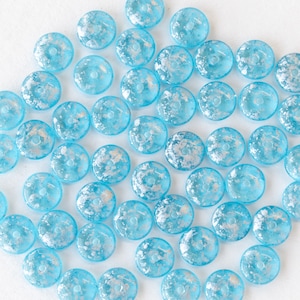 6mm Smooth Glass Rondelle Beads - Czech Glass Beads - 6mm Spacer Bead - Glass Saucer Bead Frosted Aqua Silver Dust - 50