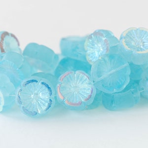 14mm Czech Flower Beads - Hawaiian Flower Beads - Pansy Flower Beads - Hibiscus Flower -  Reflective AB Aqua - 10 Beads