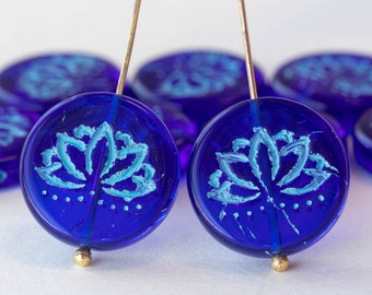 Lotus Flower Coin Beads - Czech Glass Beads For Jewelry Making - Yoga Beads Ohm - Blue and Aqua - 18mm Coin - 4 beads