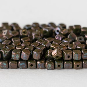 100 - 4mm Cube Beads - Czech Glass Beads - Olive Green Luster with a Picasso Finish - 100 beads