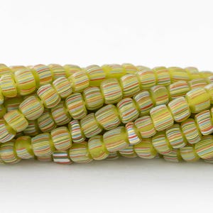 Glass Java Beads - Lime Green with Stripes - Gooseberries - Whole or Half Strand