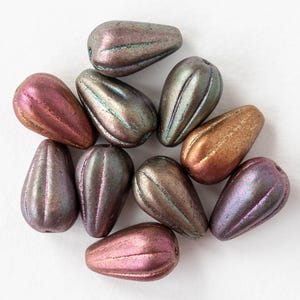 10 - 8x13mm Glass Melon Drops - Czech Glass Beads - Metallic Gold Iris - 10 Beads