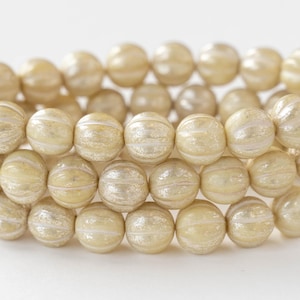 20 - 8mm Glass Melon Beads - Czech Glass Beads - Opaque Ivory with Silver Finish - 20 Beads