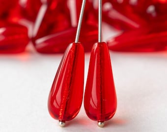 20x9mm Long Drilled Glass Teardrop Beads - Czech Glass Beads - Red - 10 or 20 Beads