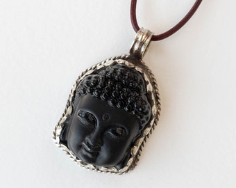 38mm Buddha Pendant - Black Matte Obsidian set in Tibetan Silver From Nepal -  1 piece