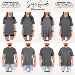 May include: Size guide for Comfort Colors 1717 t-shirts. The image shows models wearing various sizes, from Small to 2X-Large. The female model is 5'4" and 120lbs, wearing a Small. The male model is 6'0" and 180lbs, wearing a Large. The text "Size Guide" is at the top.