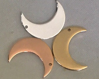 Moon blank, 5/8" , 16mm by 12.5mm, crescent disc jewelry stamping, rose gold disc, argentium silver disc, yellow disc, drilled