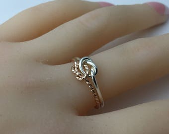 Rose gold knot ring,  sterling silver love knot ring, double knot, two tone love knot, lovers knot ring