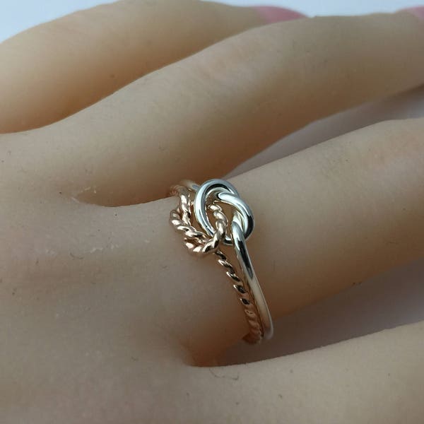 Rose gold knot ring,  sterling silver love knot ring, double knot, two tone love knot, lovers knot ring