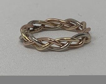 Tricolor Elegance, 10kt Gold Braided Ring in Rose, Yellow, and White Gold, 16 gauge thick per wire