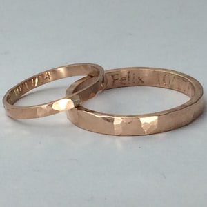 Rose gold wedding band set, his and hers, 10kt gold, hammered or smooth finish, rose gold ring