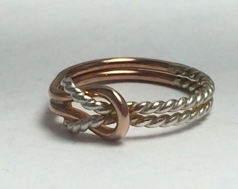 Hercules knot ring, two tone buckle, rose silver sailors knot ring, statement ring