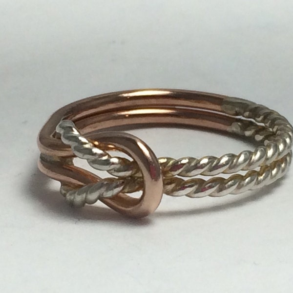 Hercules knot ring, two tone buckle, rose silver sailors knot ring, statement ring