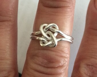Double heart love knot ring, argentium sterling silver, lovers knot ring,
