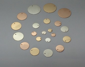 11 mm Round disc,  stamping circle blank, jewelry tags, stamping disc, argentium silver disc, yellow, drilled