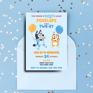 Bluey 2e verjaardag, bewerkbare sjabloon voor uitnodiging voor feesttekst