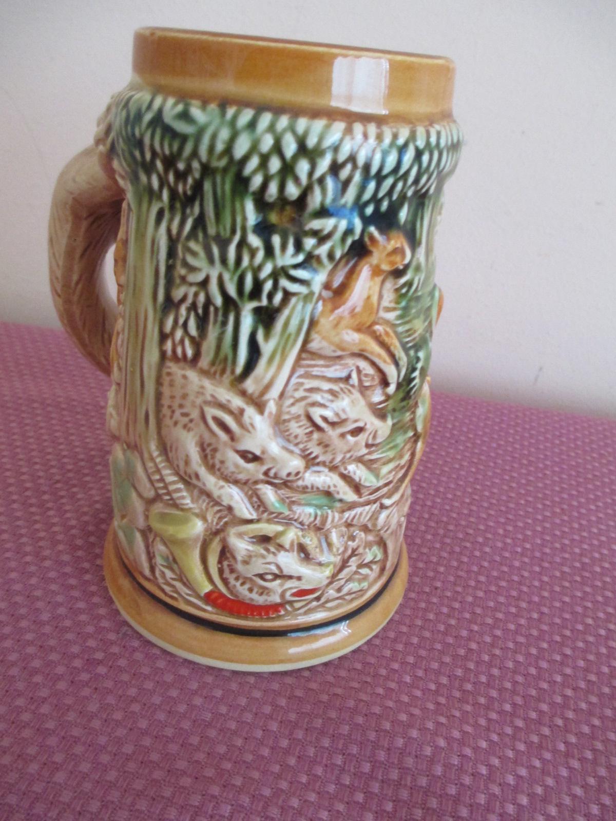Vtg BEER STEIN, Fox Handle, Boar and Deer, Die Grune Heid 