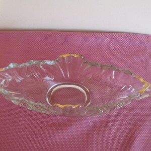 Vtg Jeanette Clear Gondola Bowl with Handles, Gold Trim, Glass Centerpiece, Fruit Bowl, Flower Vase, Heavy 4 pounds, 17 Inches wide.