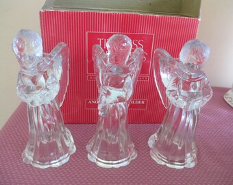 Vintage ANGEL CANDLEHOLDERS, Set of 3, Timeless Treasures Home for the Holidays, 6 1/2 inches, Clear Glass, Made in Taiwan, Christmas