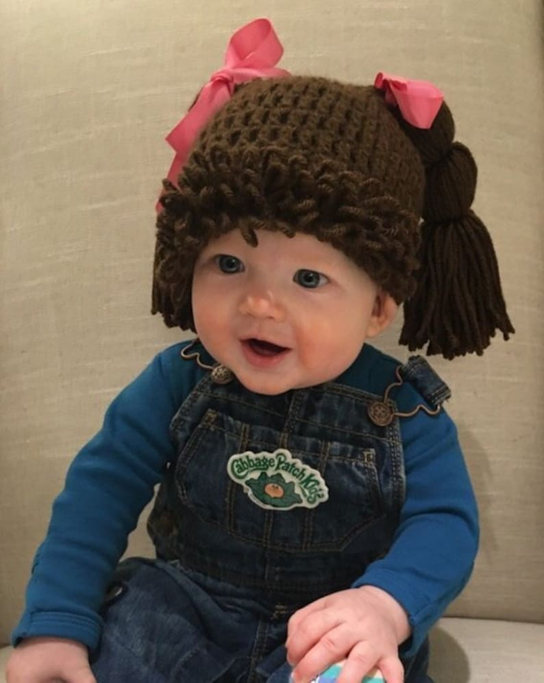 Cabbage Patch Kid Crochet Hat Wig DK-BROWN Pigtail Braids Infant Toddler Adult