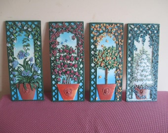 4 SEASONS Grouping 10x4 Hand-Painted 3-D Resin Wall Hanging Plaques COMPLETE Set RARE