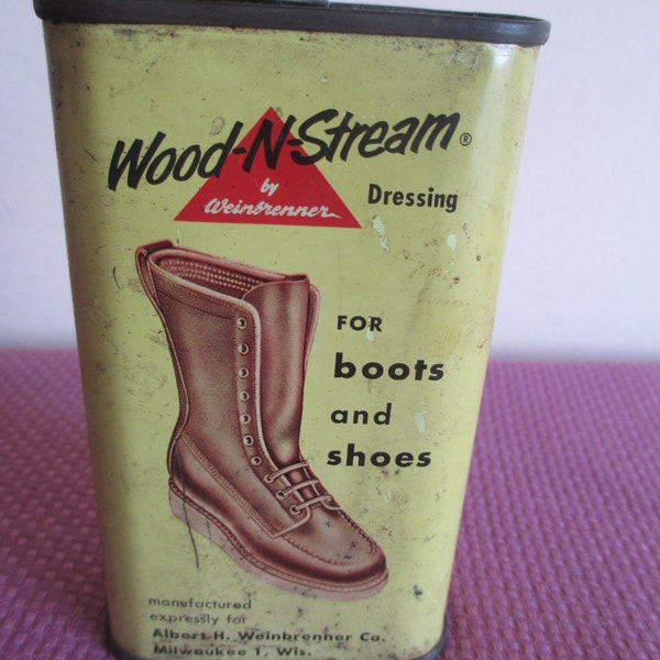 Vtg Wood -n-Stream WEINBRENNER Boot and Shoe Tin, 8 fl oz size.