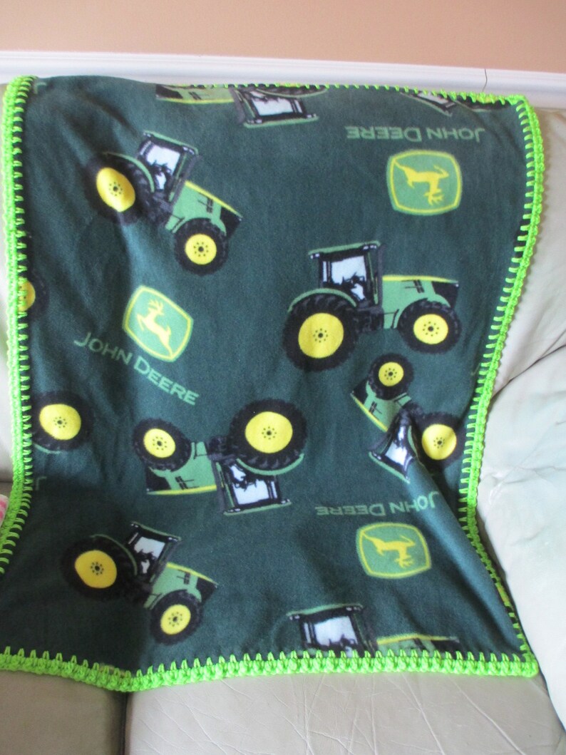 New JOHN DEERE Hand Made Fleece Blanket with a DARK GREEN Crocheted Border New JOHN DEERE Hand Made Fleece Blanket with a DARK GREEN Crocheted Border