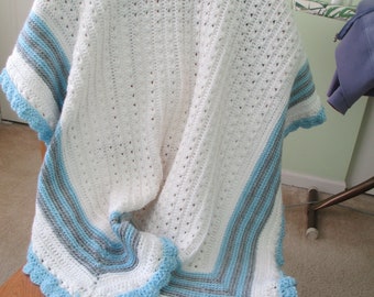 CROCHETED BABY BLANKET, White Blue Gray, Baby Shower Gift