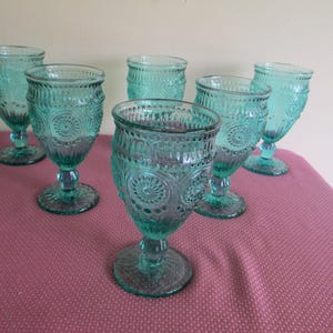 Pioneer Woman Aqua Turquoise Drinking Goblet Glasses, LOT OF 6, Footed Glassware, Adeline 12 oz.