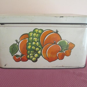 Vtg Decorware BREAD BOX, Beige with Orange & Green Fruit Motif, Hinged Lid, 1950's Farm Kitchen Retro Decor