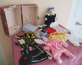 MUFFY VANDERBEAR LOT, Bear, Clothing, Shoe Box with shoes, Plaid Travel Trunk / Closet