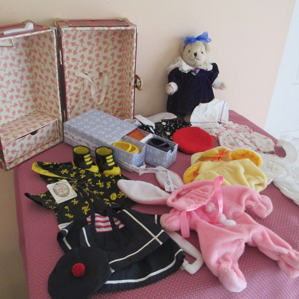 MUFFY VANDERBEAR LOT, Bear, Clothing, Shoe Box with shoes, Plaid Travel Trunk / Closet