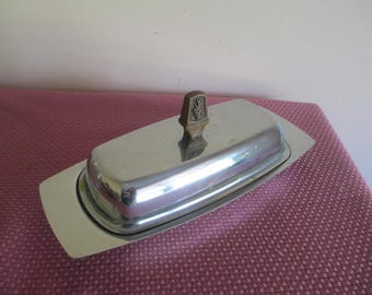 Vtg Kromex Silver Chrome Butter Dish with Starburst Glass Insert, and Plastic (Syroco?)Finial