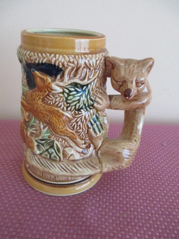 Vtg BEER STEIN, Fox Handle, Boar and Deer, Die Grune Heid 