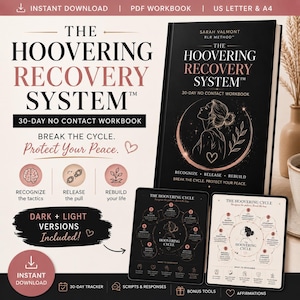 Peut inclure: Un livre et des cahiers numériques intitulés "The Hoovering Recovery System" avec un cahier d'exercices de 30 jours sans contact. Le livre est noir avec des accents or rose. L'image comprend également le texte "Break the Cycle. Protect Your Peace."