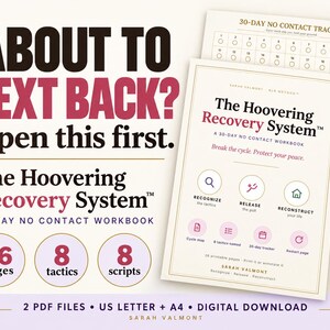 Peut inclure: Un cahier d'exercices numérique intitulé The Hoovering Recovery System, comprenant un suivi de 30 jours sans contact, 26 pages, 8 tactiques et 8 scripts. Le texte indique About to text back? Open this first. Il inclut les sections recognize, release, reconstruct.