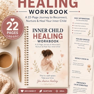 Peut inclure: Un cahier à spirales intitulé "Inner Child Healing" avec une illustration à l'aquarelle d'une femme. Le texte de la couverture comprend "22 Pages" et "Healing Tools for Women". Des cartes supplémentaires proposent des affirmations et des exercices.