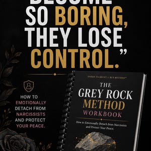 Peut inclure: Un ebook intitulé "The Grey Rock Method Workbook" avec la citation "Become so boring, they lose control." La couverture présente un graphique de roche grise. Le cahier d'exercices enseigne comment se détacher des narcissiques et protéger votre paix.